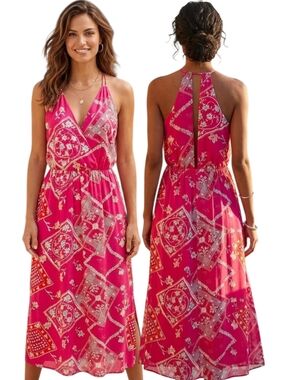 OCTAVIA Pink Bandana-Print Halter Maxi Dress - Size M